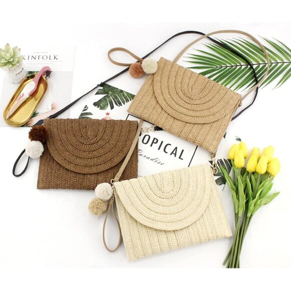 🆕Women Dark Brown Straw Clutch Purse Woven Crossbody Beach Shoulder Bag - Picture 5 of 6